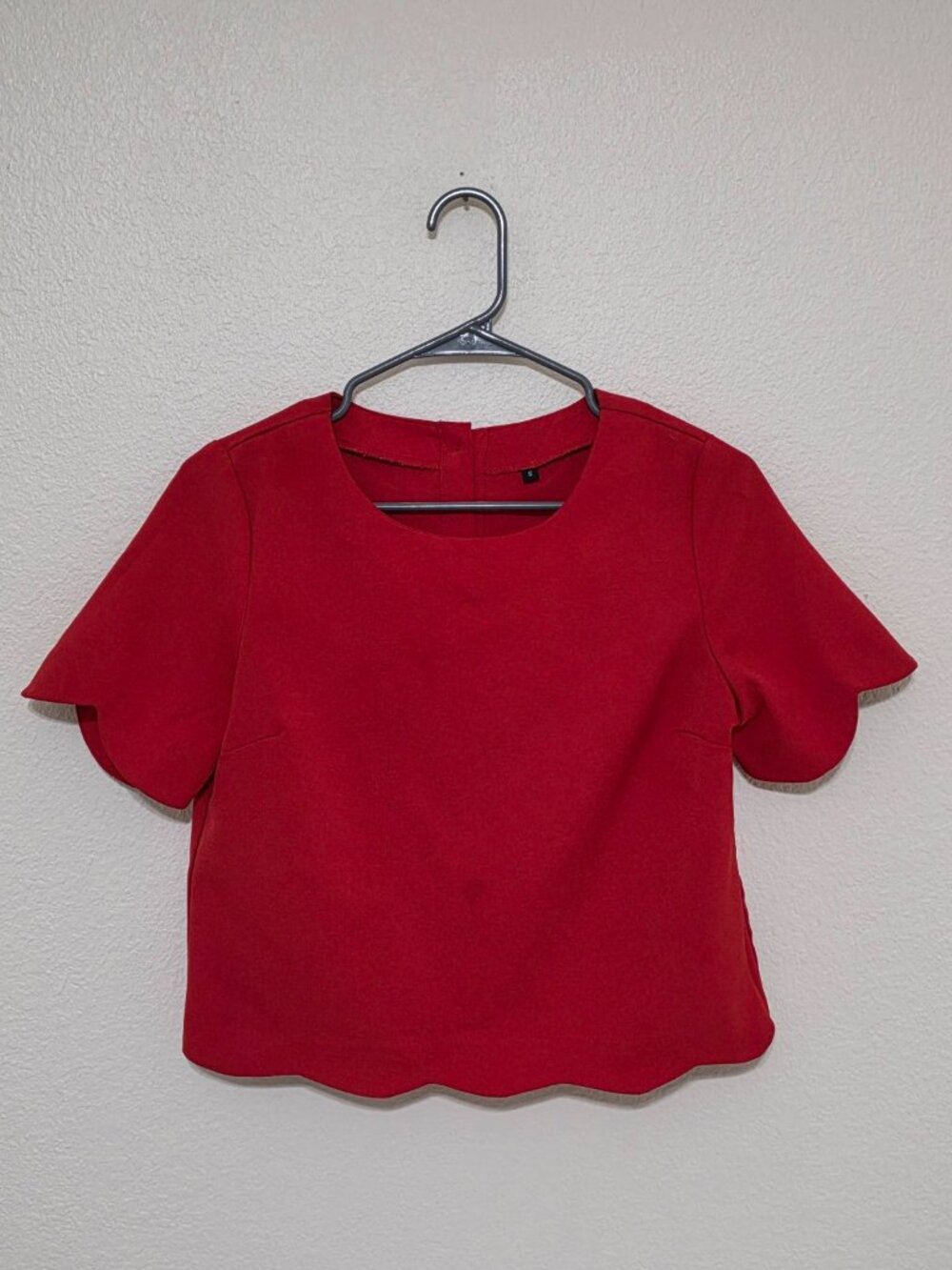 Red Scalloped Hem Blouse Small Handmade Minimalist Chic Top